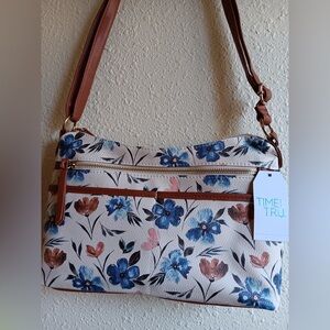 Time and Tru Blue Floral Handbag with Brown Trim